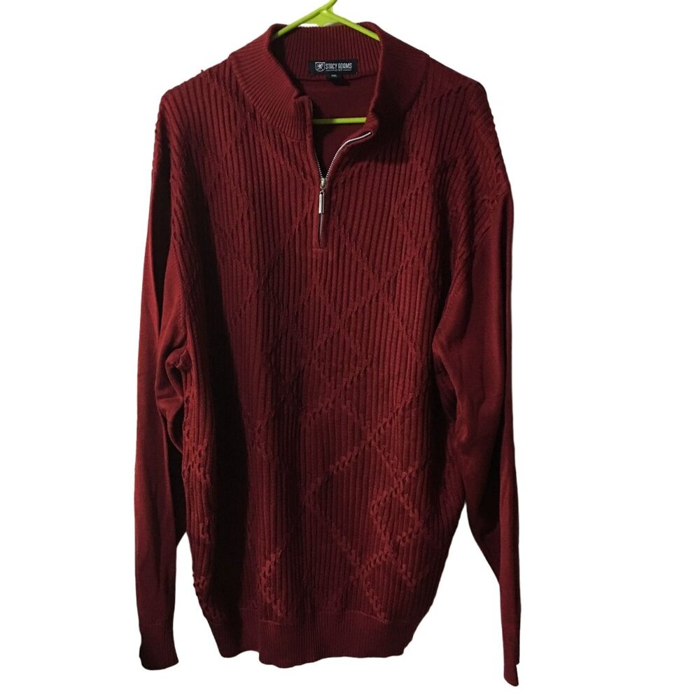 STACY ADAMS 1/4 ZIP SWEATER LONG SLEEVE DIAMOND KNIT RIBBED BURGUNDY RED MENS SI